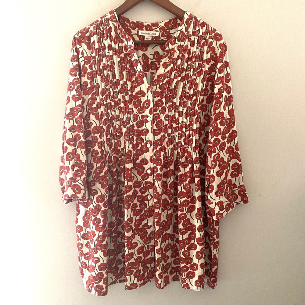 Coldwater Creek floral flowy 3/4 sleeve button up shirt. Rust/Cream. Size 16